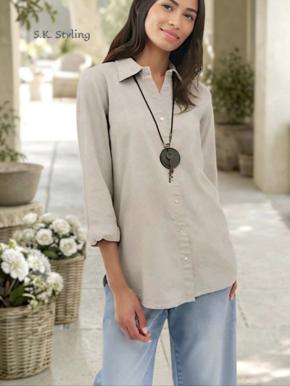 NEW - Belle Kim Gravel Button up Tunic Shirt 3/4 Sleeve Linen Rayon Oatmeal M/L